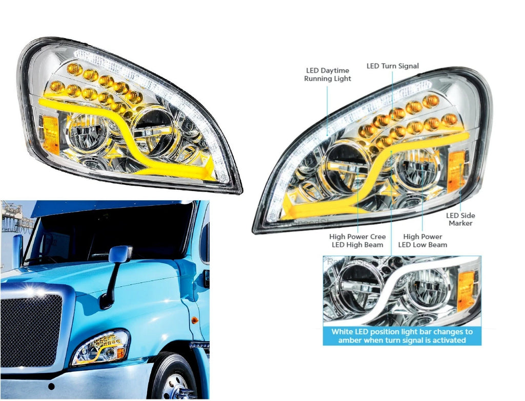 Pair LED Headlights With Dual Function DRL and Turn for Freightliner Cascadia (2018–2023)