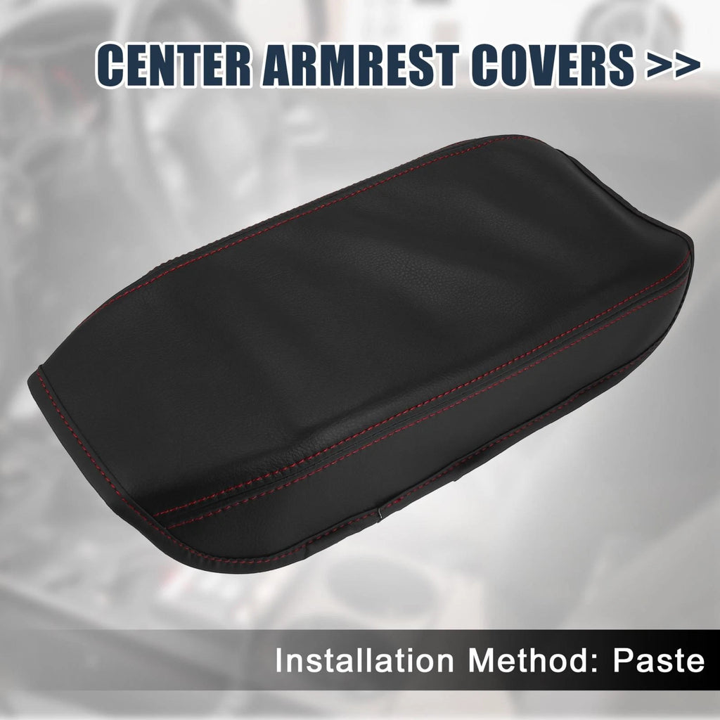 Armrest Protector Cover for Honda (Black Microfiber Leather, Red Stitches)