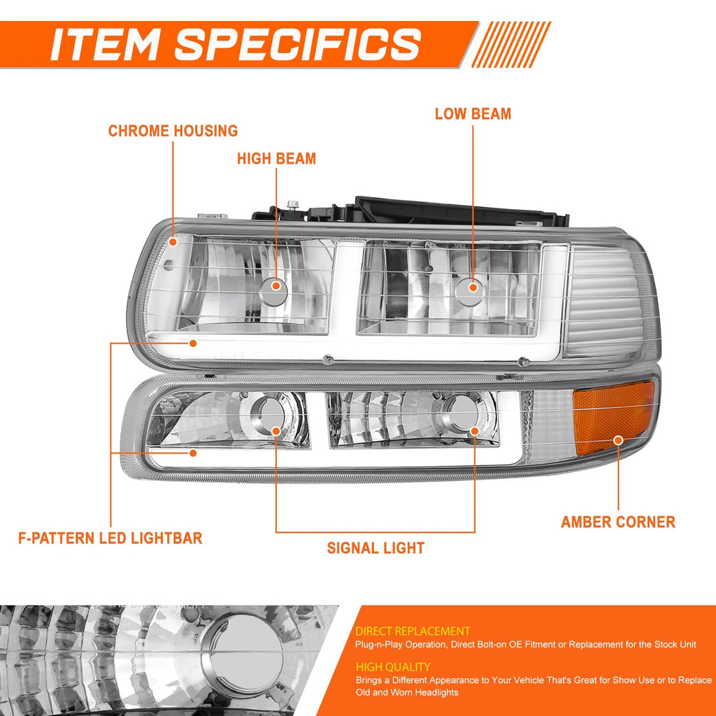 F-Shape LED DRL Headlights for Silverado/Suburban/Tahoe (1999–2006)