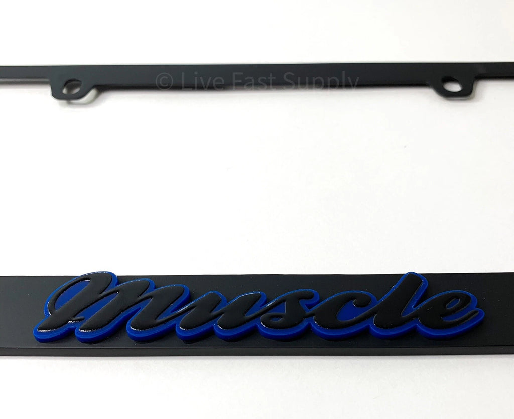 Matte Black License Plate Frame Premium with Blue Outline for Muscle Car (Universal)