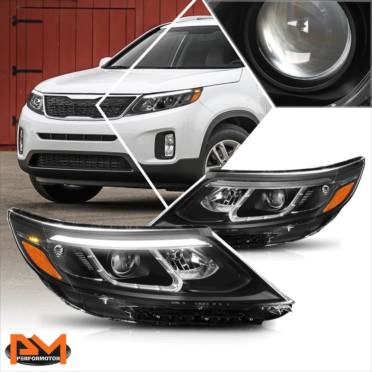 LED Projector Headlights for Kia Sorento EX/SX (2014–2015) - Amber Corner, Black