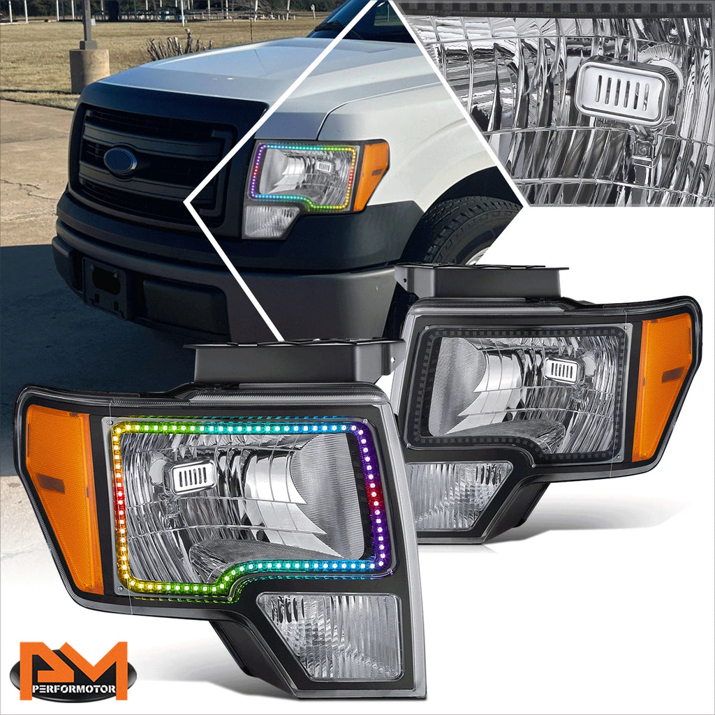 RGB LED Halo DRL Black Housing Amber Corner Headlights for Ford F-150 (2009–2014)