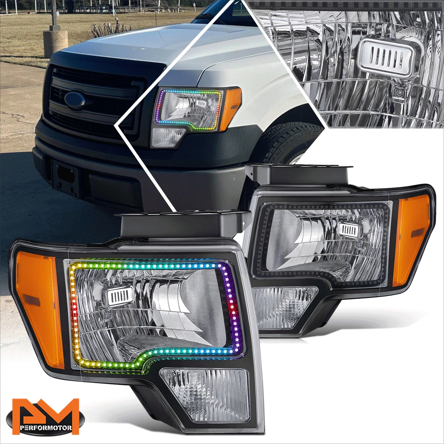 RGB LED Halo DRL Black Housing Amber Corner Headlights for Ford F-150 (2009–2014)