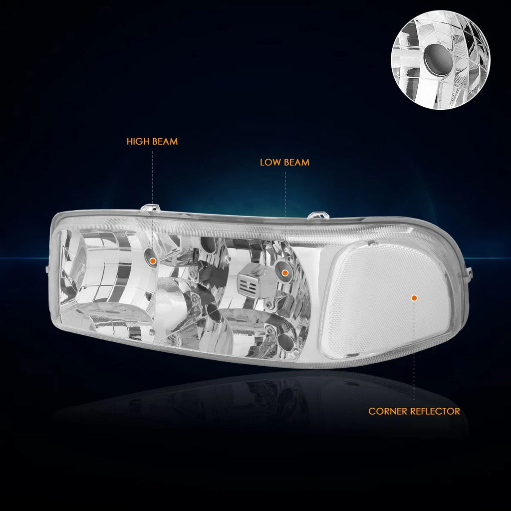 Upper Chrome Housing Headlight & Clear Side Corner Lamp for GMC Sierra/Yukon (1999–2007)