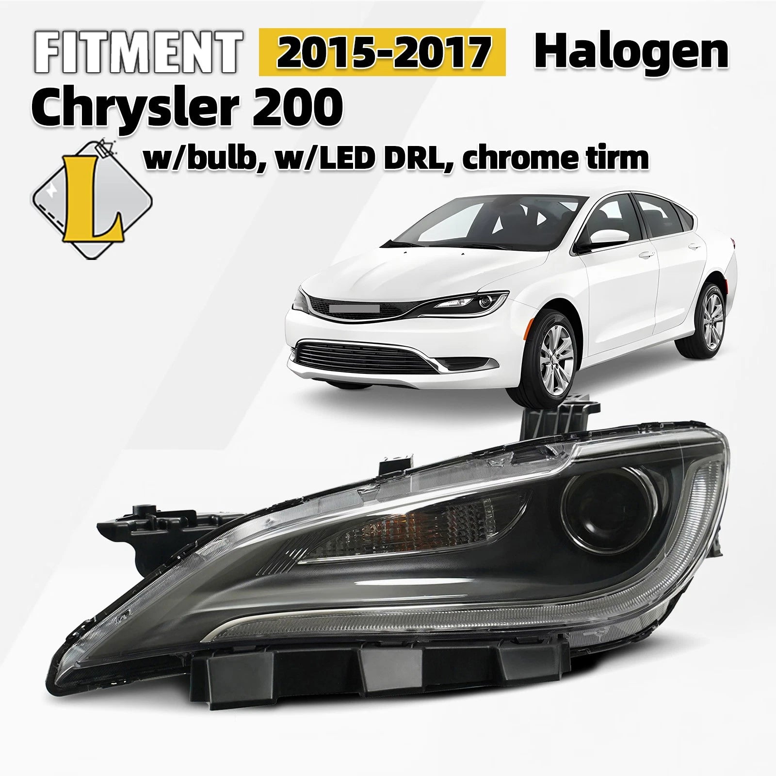 Halogen Headlight with LED DRL for Chrysler 200 (2015–2017) - Chrome, 8 Pins, Left
