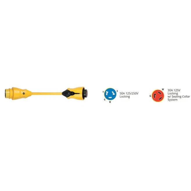 Marinco Shore Power Adapter 50 Amp 125/250V Male to 30 Amp 125V Female