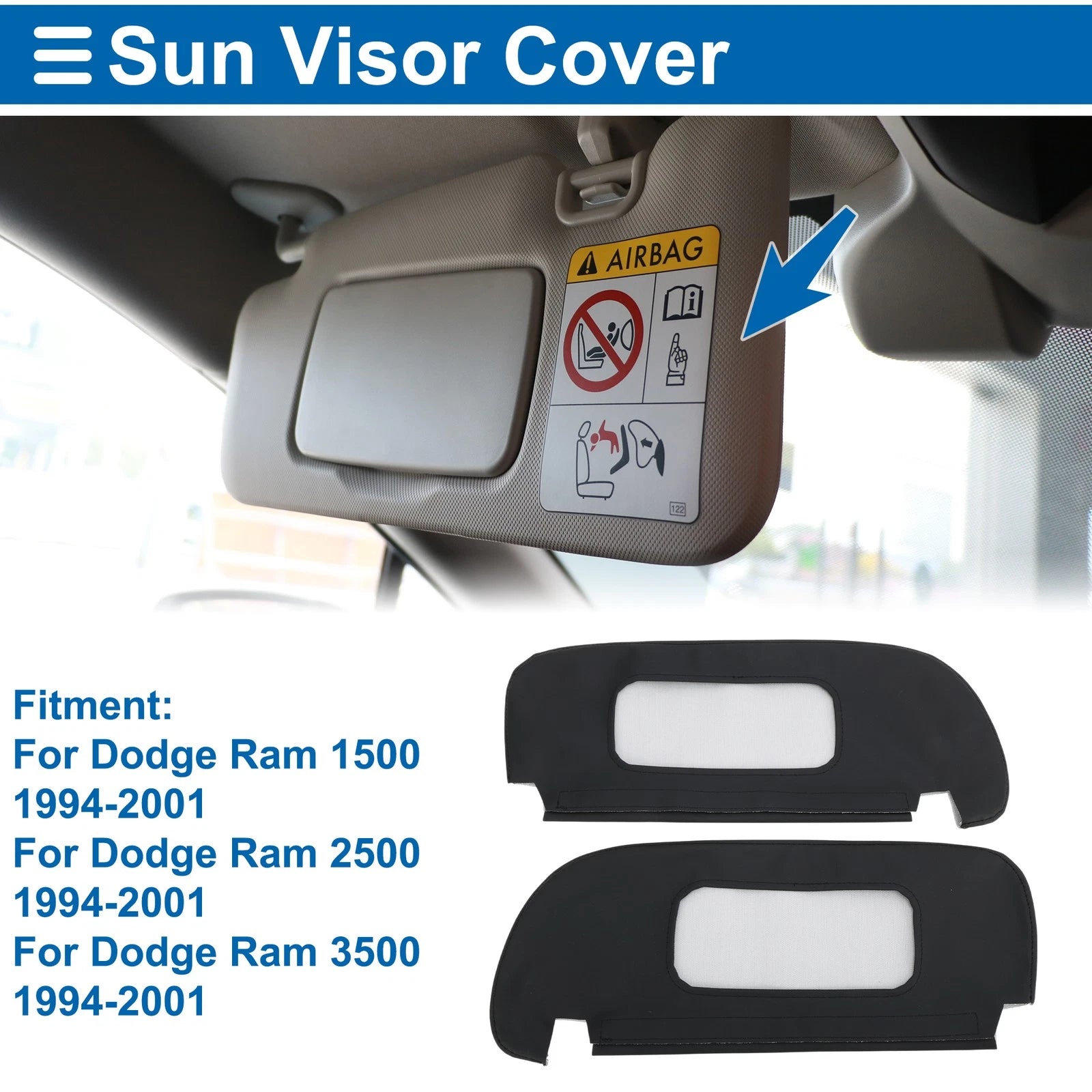 Sun Visor Cover Set for Dodge Ram 1500 (1994–2001) Left & Right Side Black