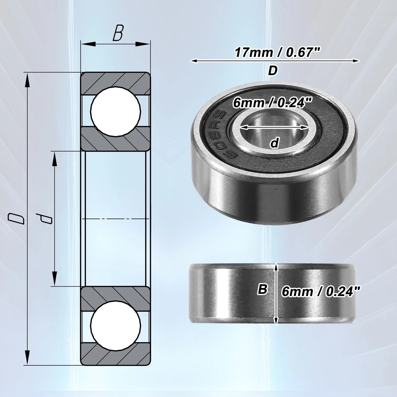 Set of 5 606-2RS 6x17x6mm Double Rubber Sealed Ball Bearings for Auto