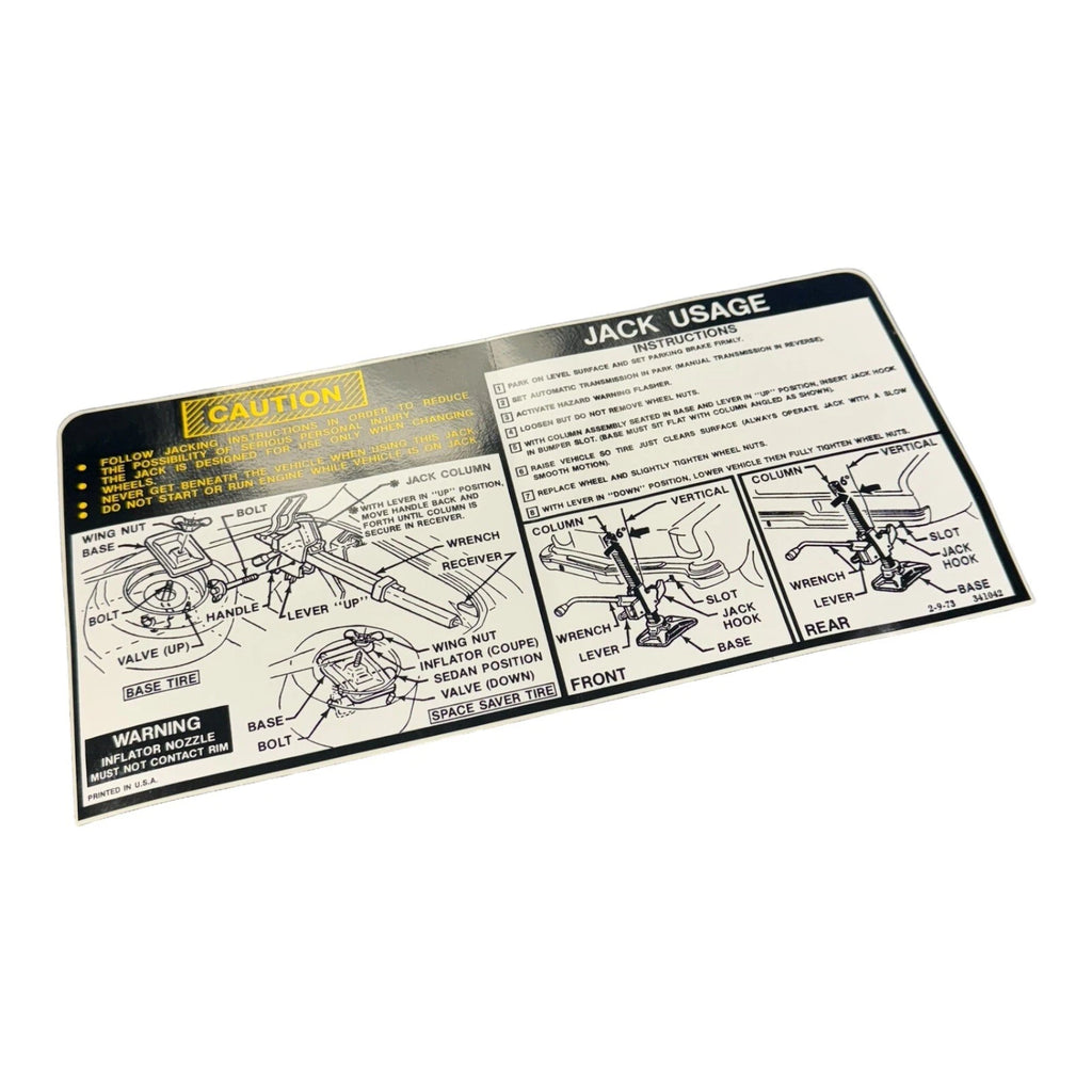 Jack Storage and Jacking Instruction Decal for 1974 Chevy Nova