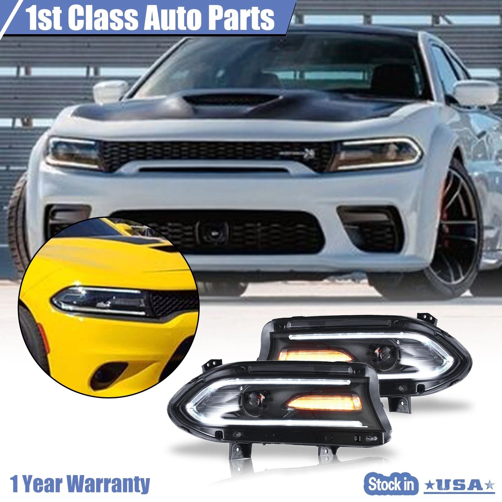 Pair of LED Dual Beam Projector Headlights for Dodge Charger (2015–2020)