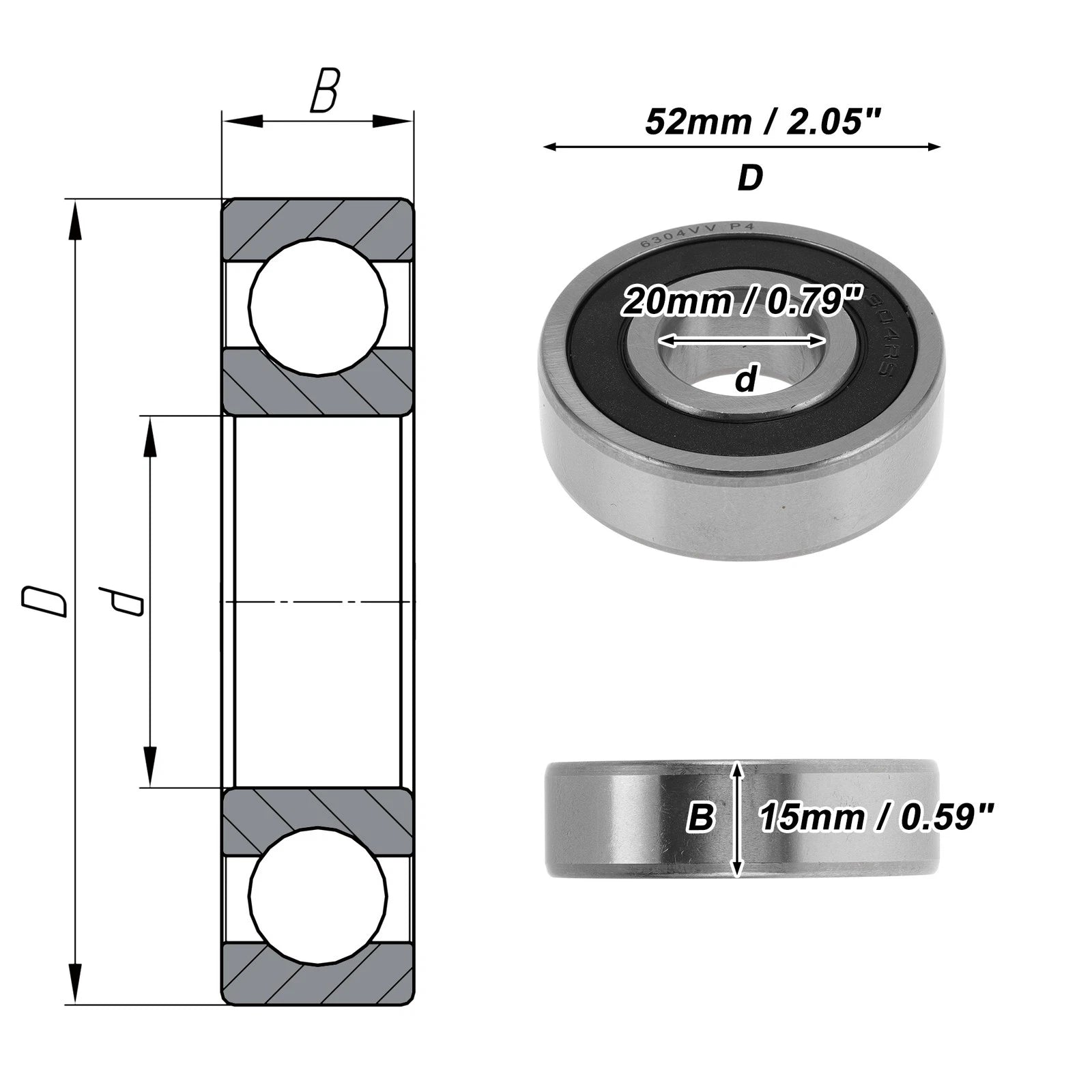 Deep Groove Ball Bearing 6304VV for Various Models (20x52x15mm)