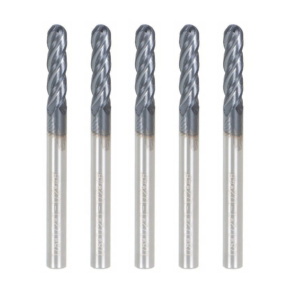 Set of 5 End Mills 1/8" 4 Flute Ball Nose Carbide