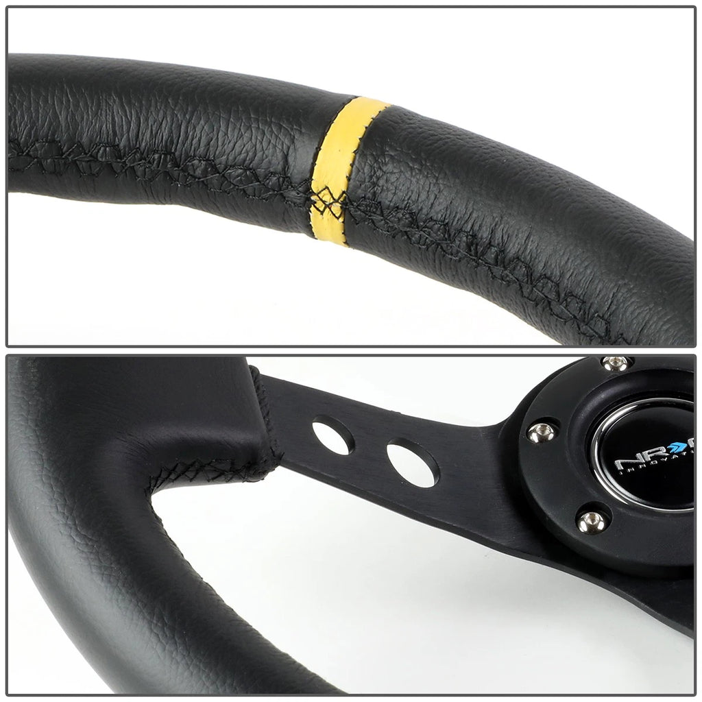 NRG Reinforced Steering Wheel 35cm Deep Dish Black Leather w/Yellow Stripe for Universal