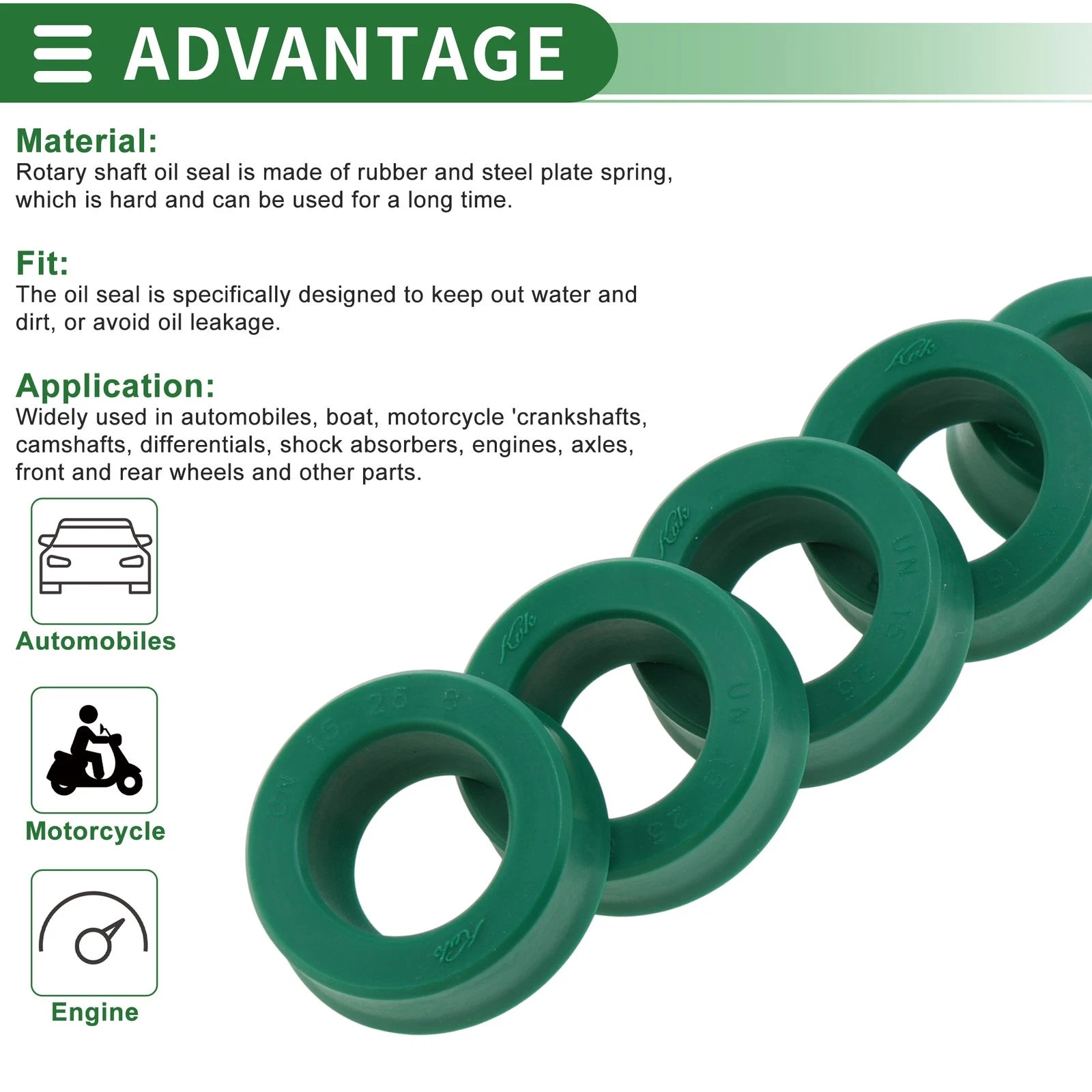 Set of 5 Oil Seal Rotary Shaft Seal 15x25x8mm High Pressure Green for Various Models