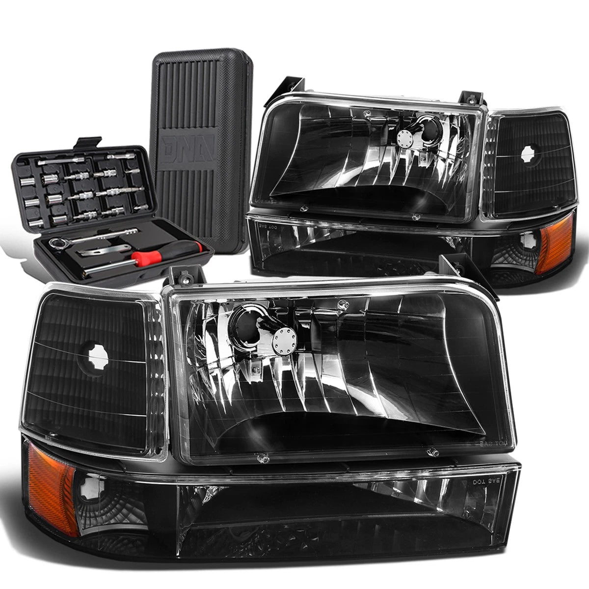Headlight Bumper Lamps Set for Ford F150/F250/F350 (1992–1996) Black Amber