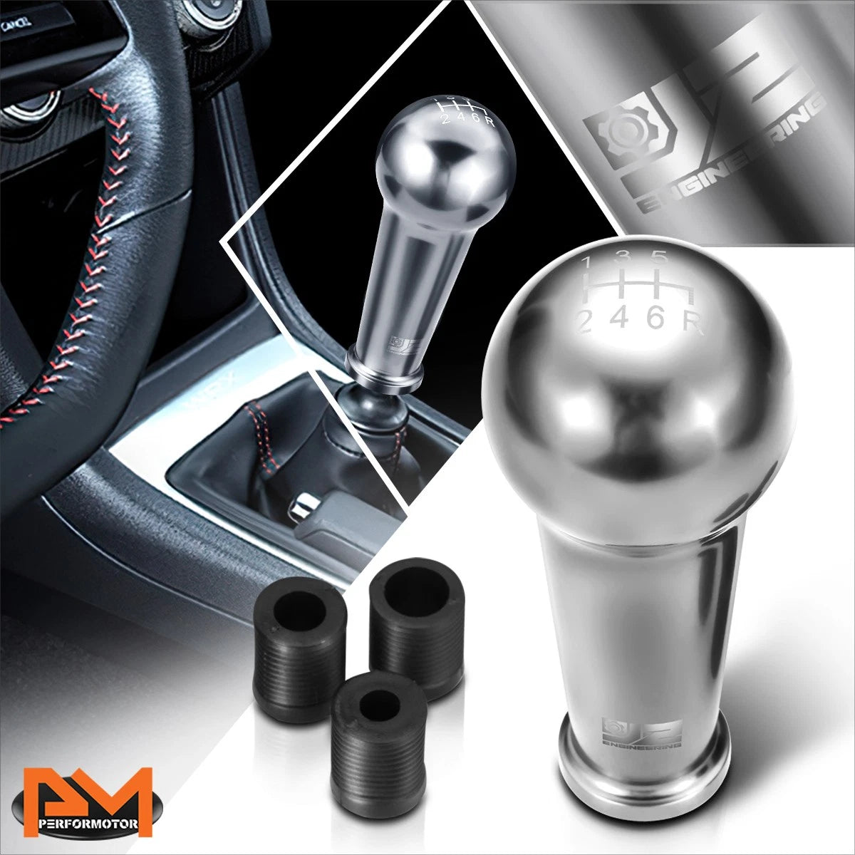 J2 Aluminum Ball Teardrop Shift Knob for 6-Speed MT (M8 M10 M12) Silver
