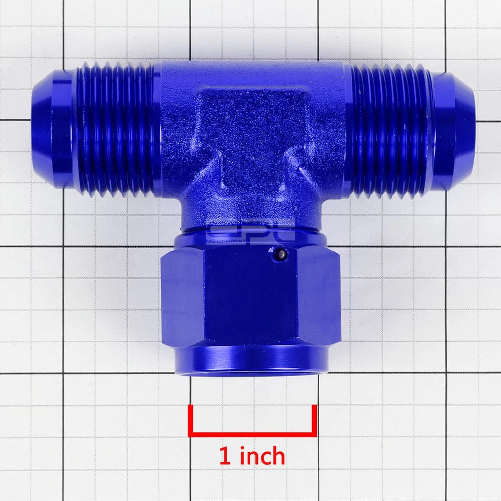 12AN Male to Female Center Port Flare Tee Fitting - Blue Anodized
