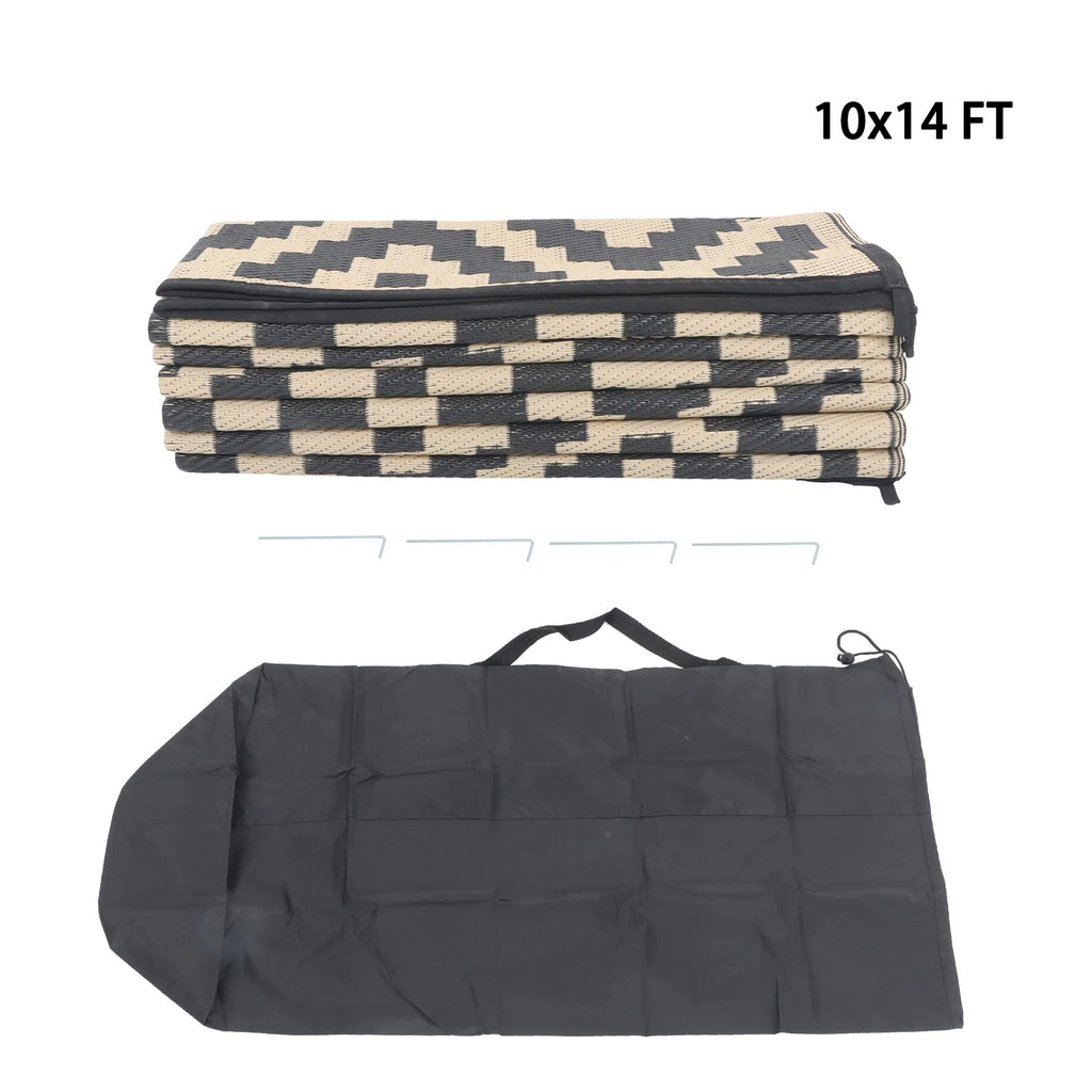 Outdoor Plastic Straw Rug for Camping (10x14 ft) - Black & Beige