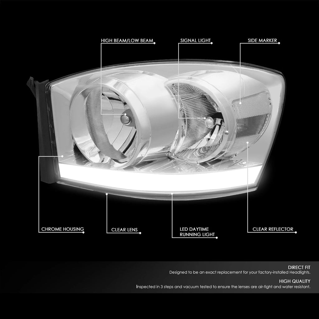 LED DRL Headlight for Dodge Ram Pickup (2006–2009) - Chrome Housing