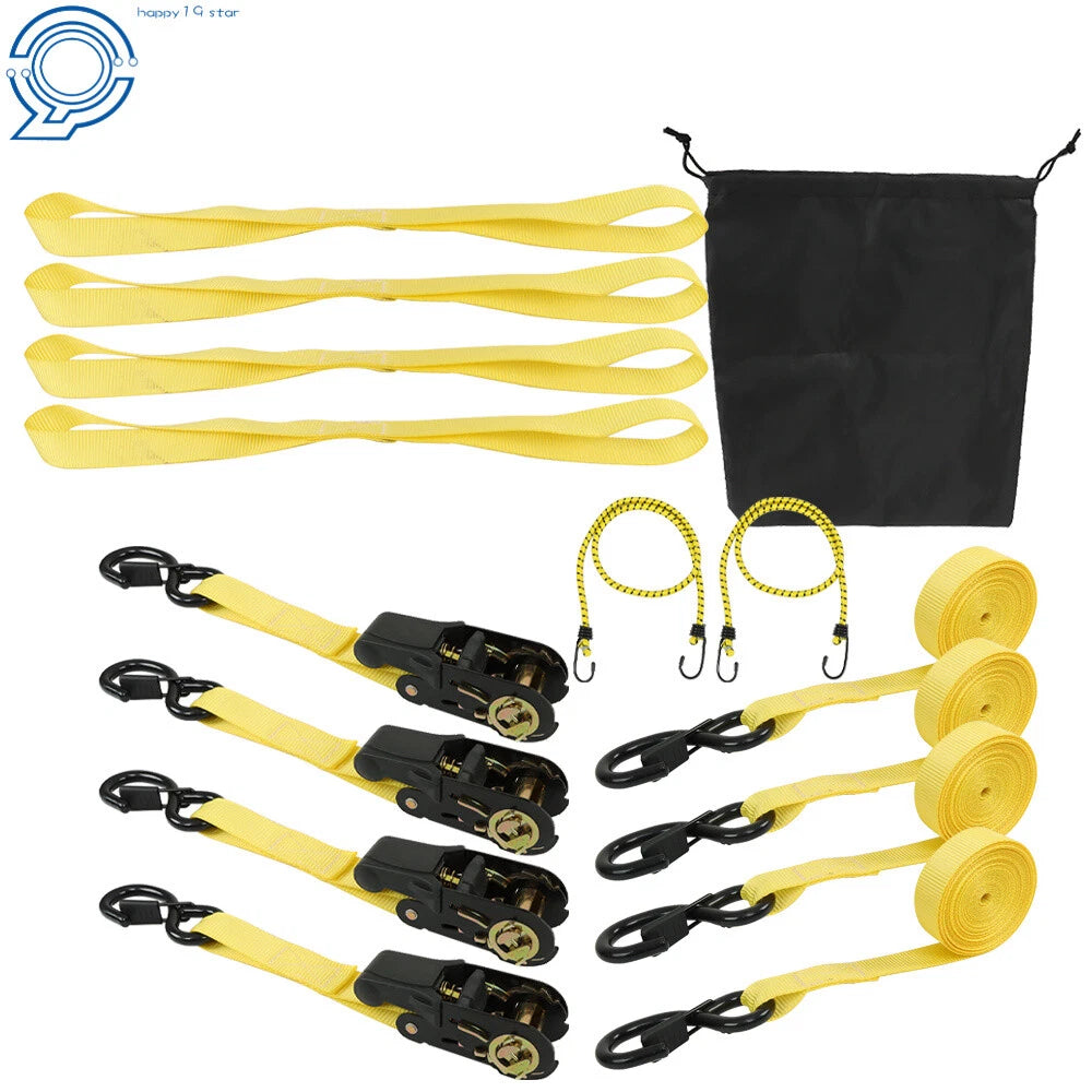 Set of 7 Ratchet Tie Down Straps 15 FT 2200 LB with Safety Lock S Hooks