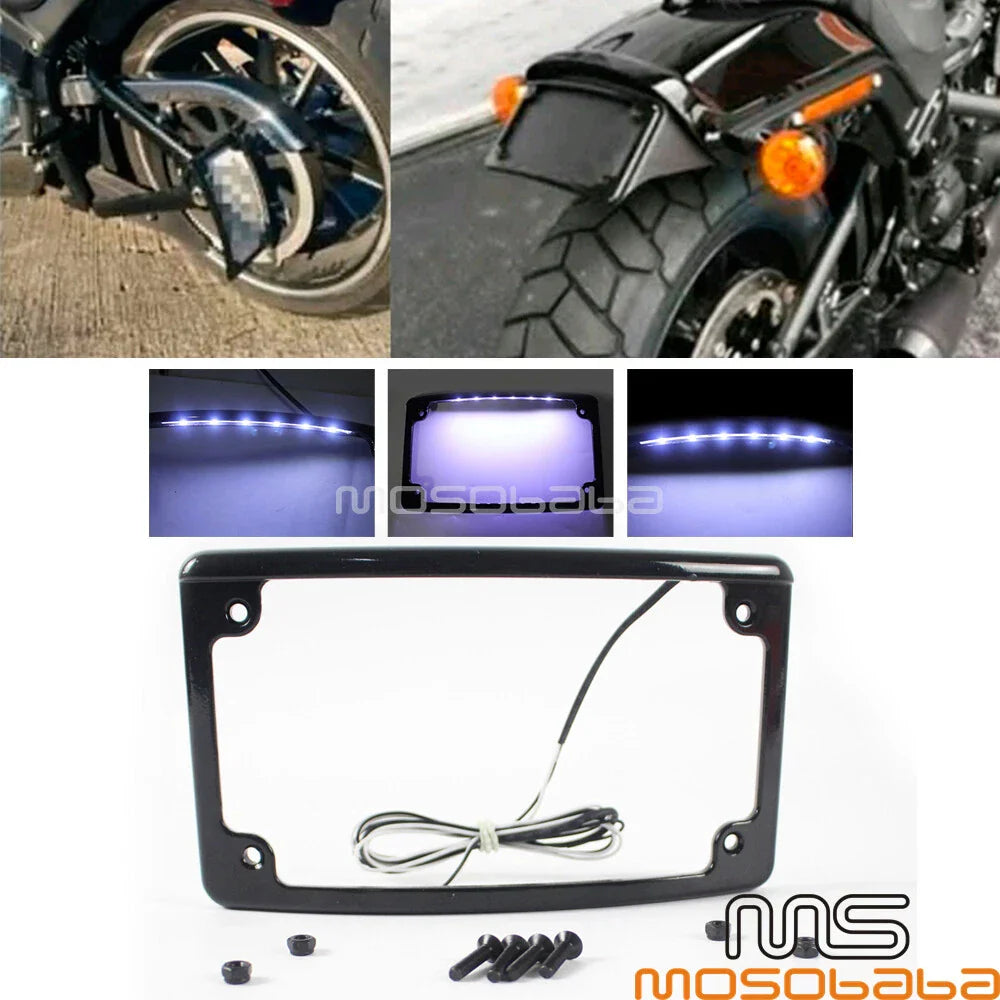 Curved License Plate Frame w/LED Light for Harley Chopper Bobber