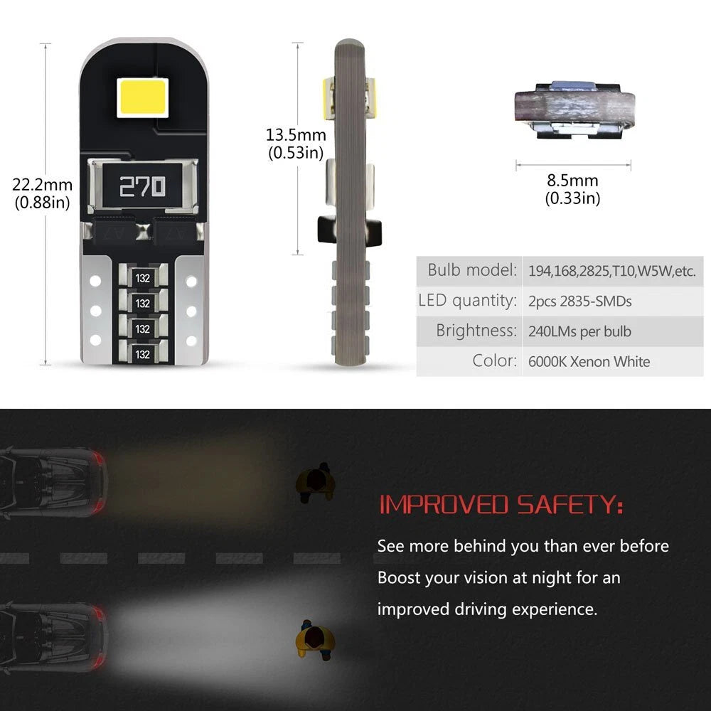 Set of 2 T10 168 194 LED Light Bulbs for Interior/License Plate (6000K)