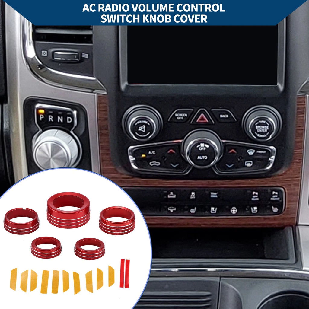Set of 5 AC Gear Shift Headlight Media Knob Covers for Dodge RAM (2013–2017) Red