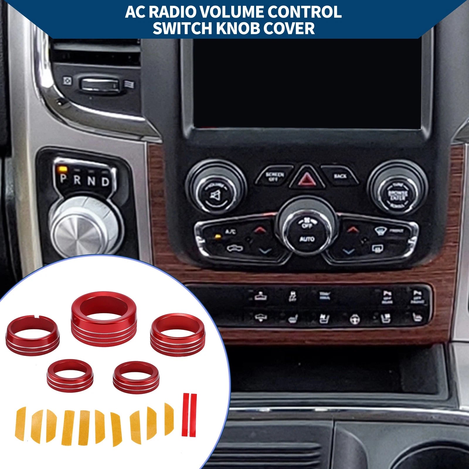 Set of 5 AC Gear Shift Headlight Media Knob Covers for Dodge RAM (2013–2017) Red