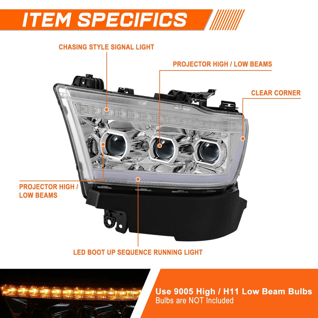 LED DRL Projector Sequential Signal Headlights for Ram 1500 (2019–2024)