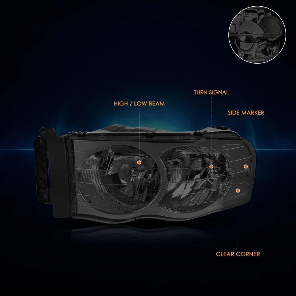Smoked Headlight & Clear Corner Signal Lamps for Dodge Ram 1500-3500 (2002–2005)