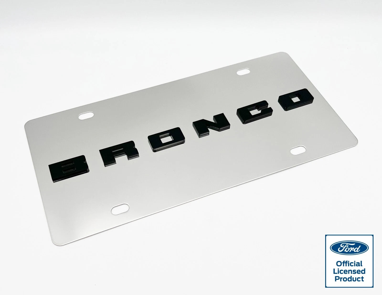 Chrome Metal License Plate for Ford Bronco Block Letters Logo (1966–2023)