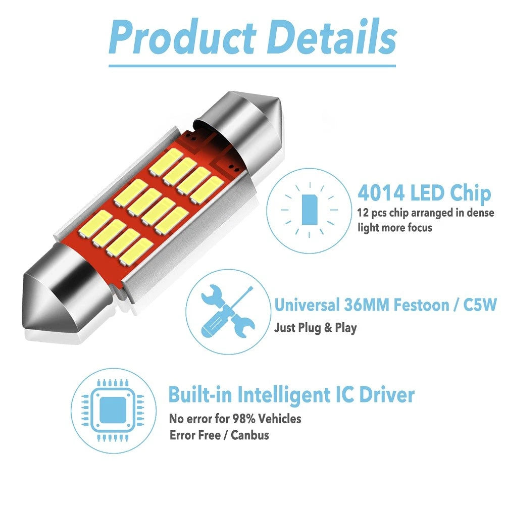 2X 36MM White LED Bulbs for License Plate Dome Map Door Light