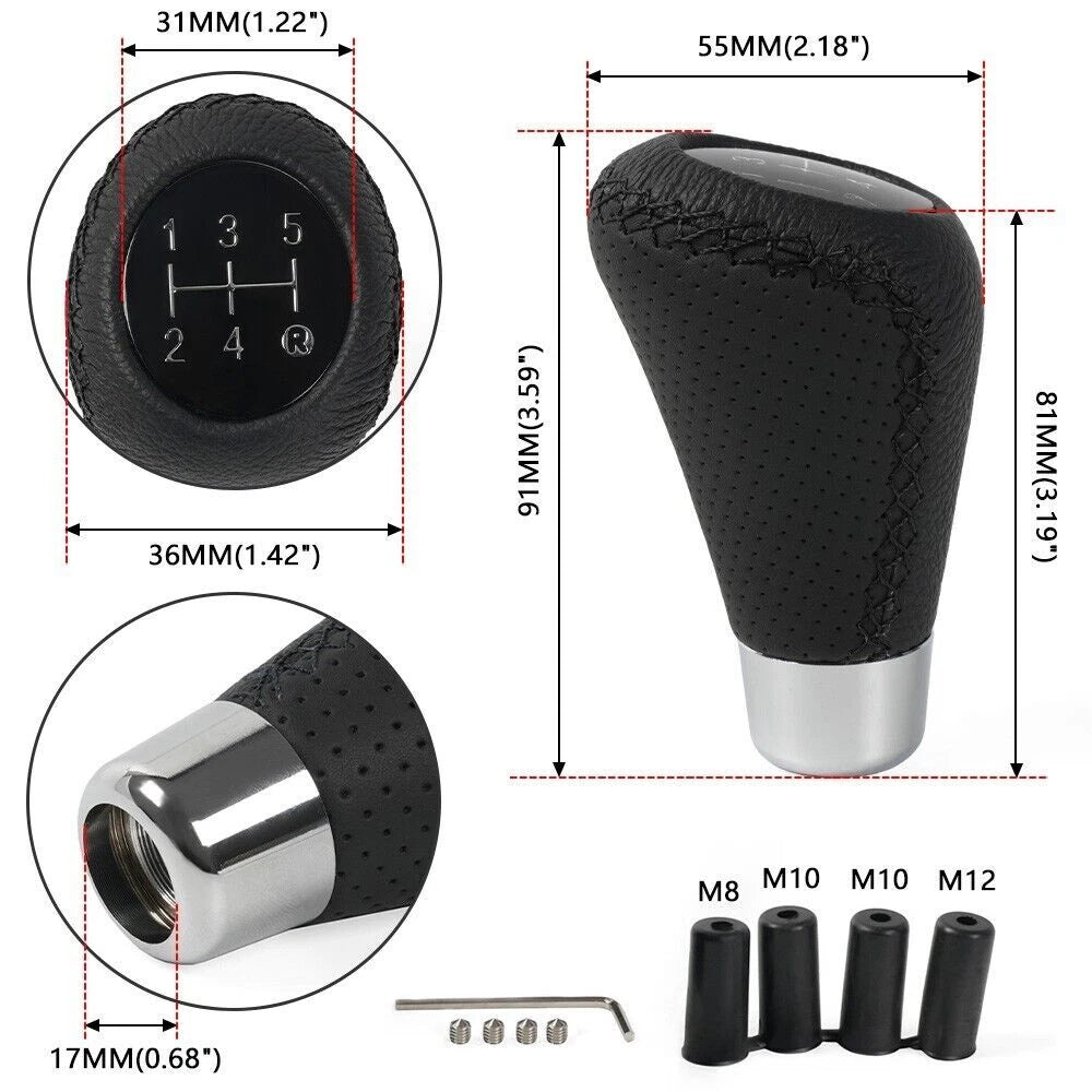 Black Leather 5 Speed Manual Gear Shift Knob Universal