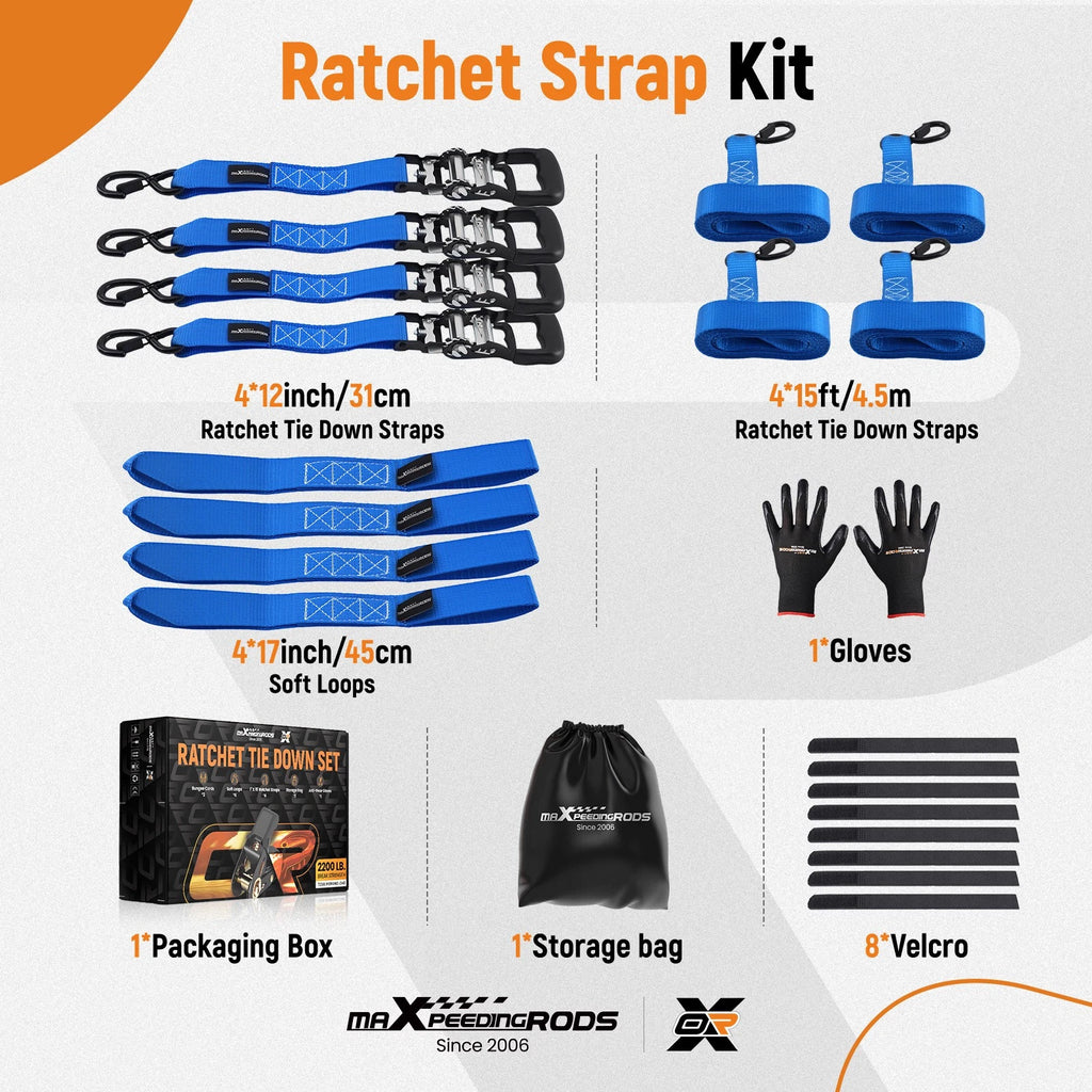Set of 4 Heavy Duty Retractable Ratchet Tie Down Straps 1.5in x 15ft