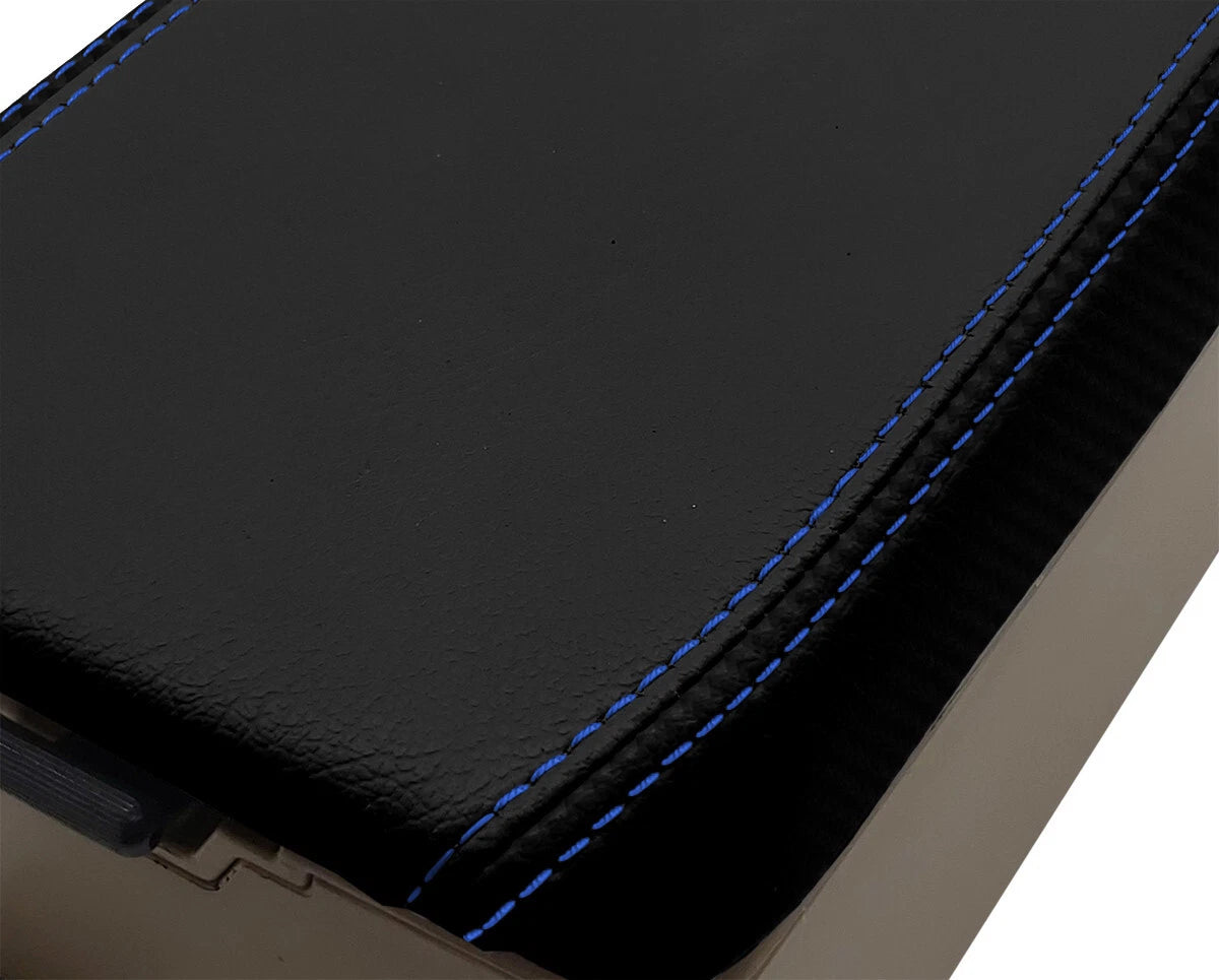 Console Lid Armrest Cover for Subaru Forester XT (2003–2008) Carbon Fiber Blue Stitch