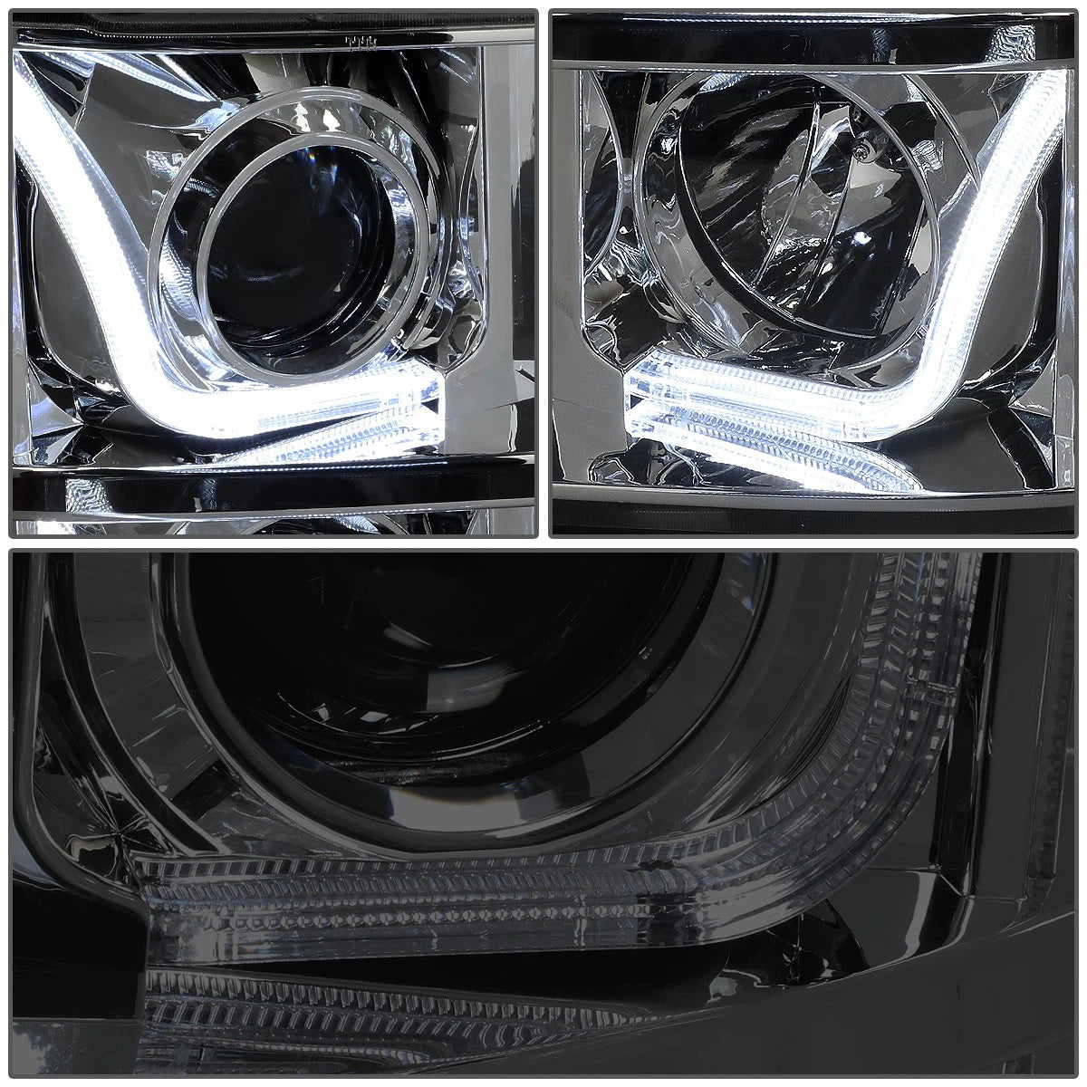 Smoked Clear Signal 3D LED Bar Projector Headlights for GMC Sierra (2007–2014)