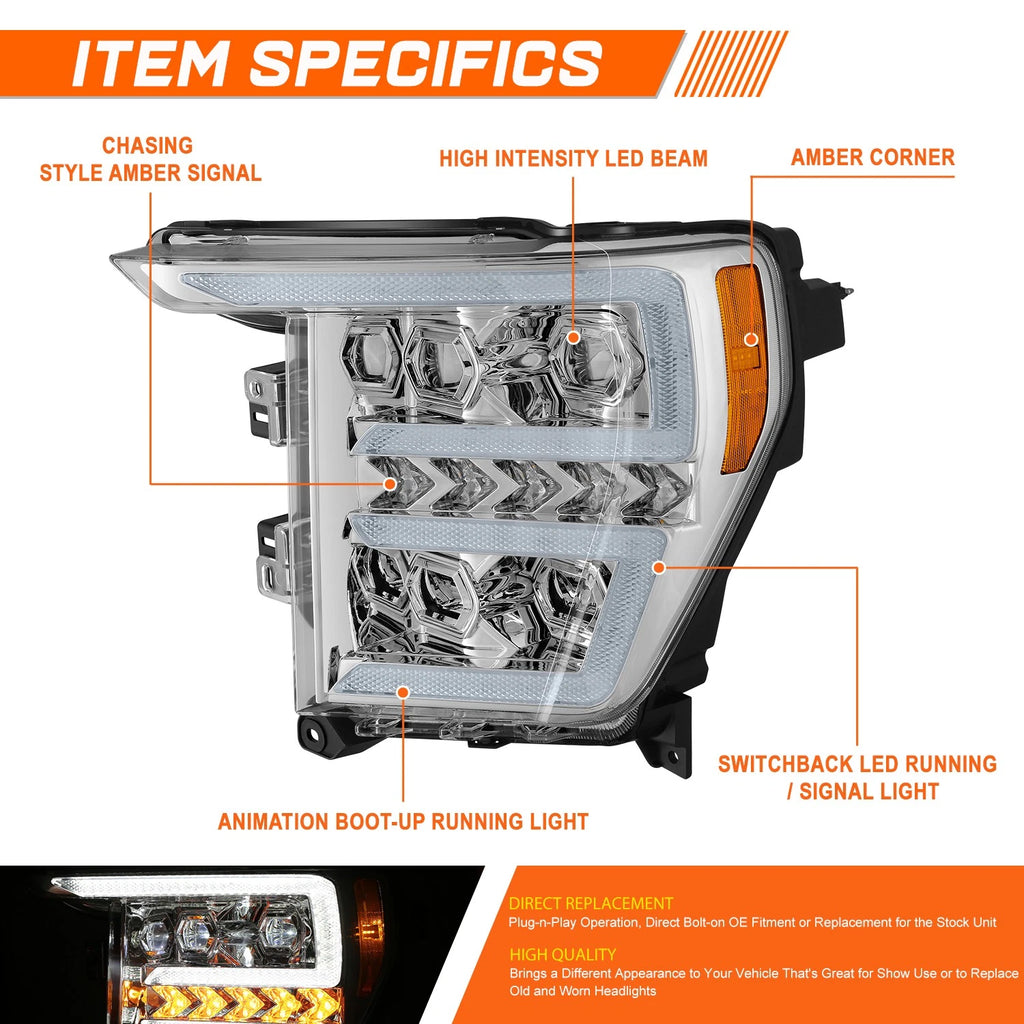 Full LED DRL Sequential Signal Projector Headlights for Ford F-150 (2021–2023)