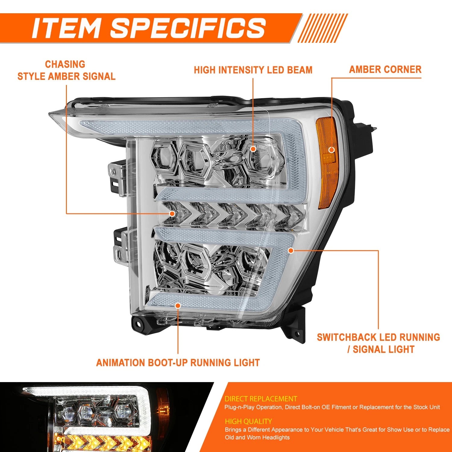 Full LED DRL Sequential Signal Projector Headlights for Ford F-150 (2021–2023)