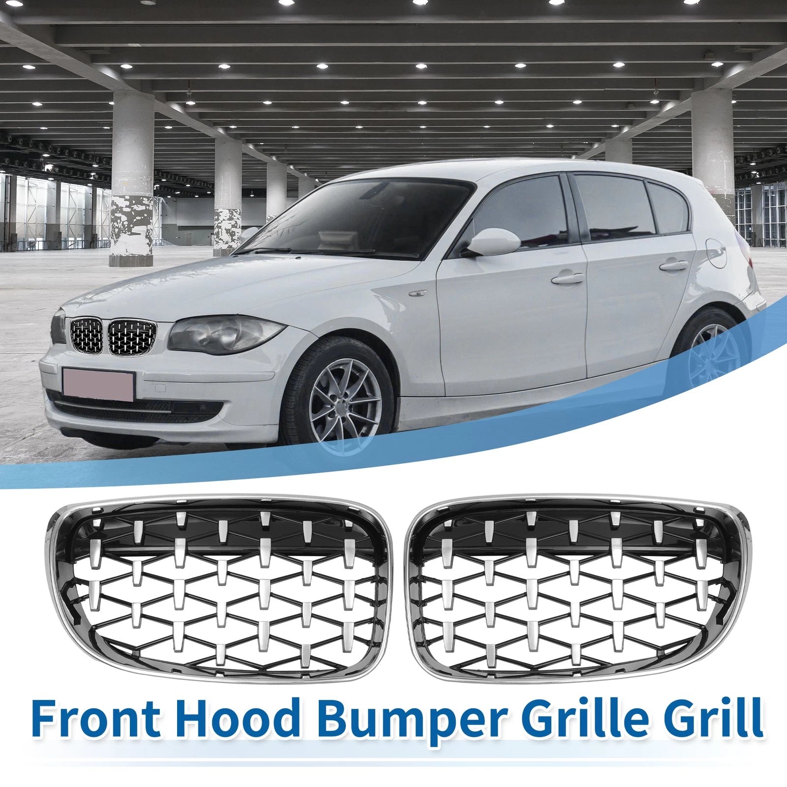 Set of 2 Front Hood Bumper Grilles for BMW 128i 135i 135is (E87) Silver Tone