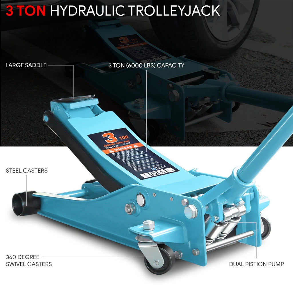 3-Ton Hydraulic Floor Jack for Sky Blue Black (6000 lbs Capacity)
