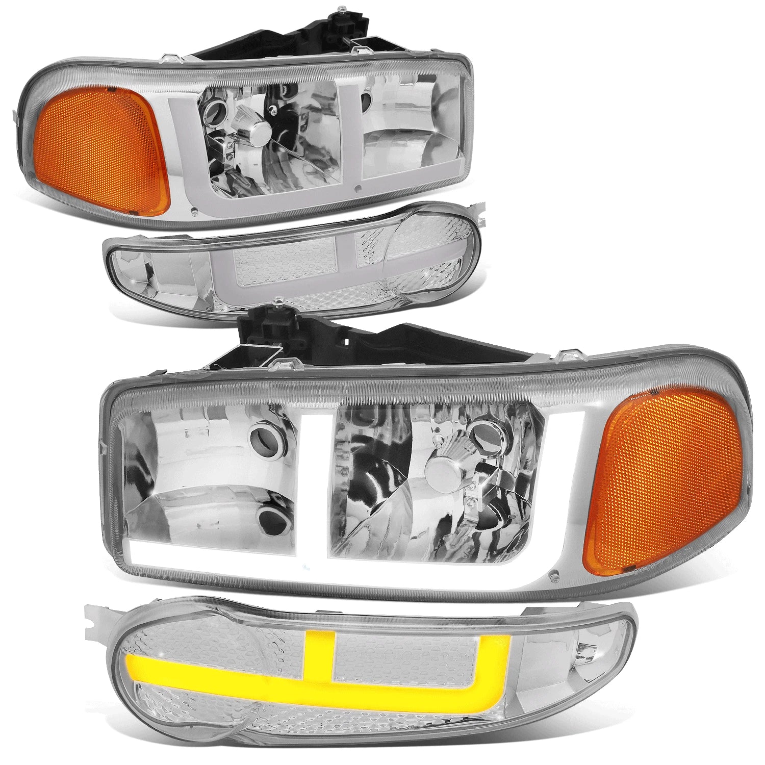 LED DRL Headlights for GMC Sierra Yukon Denali (2001–2007) - Chrome/Amber