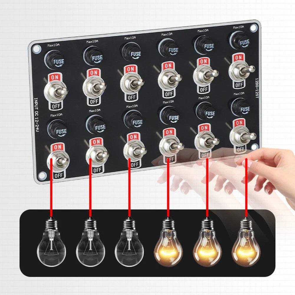 12 Gang Waterproof Rocker Switch Panel for RV Boat Truck (12V 24V)
