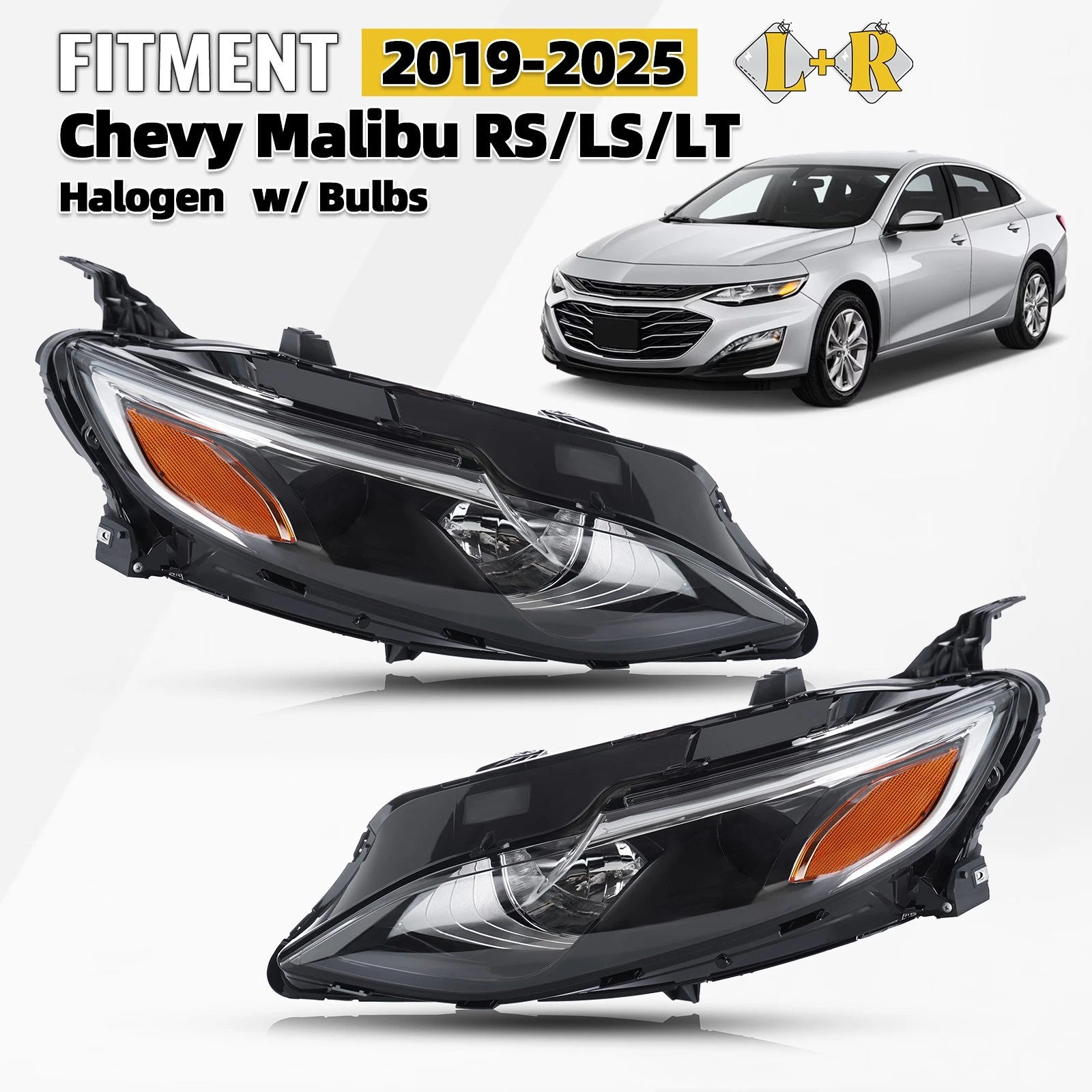 Set of 2 Halogen Headlights for Chevy Malibu (2019–2025)