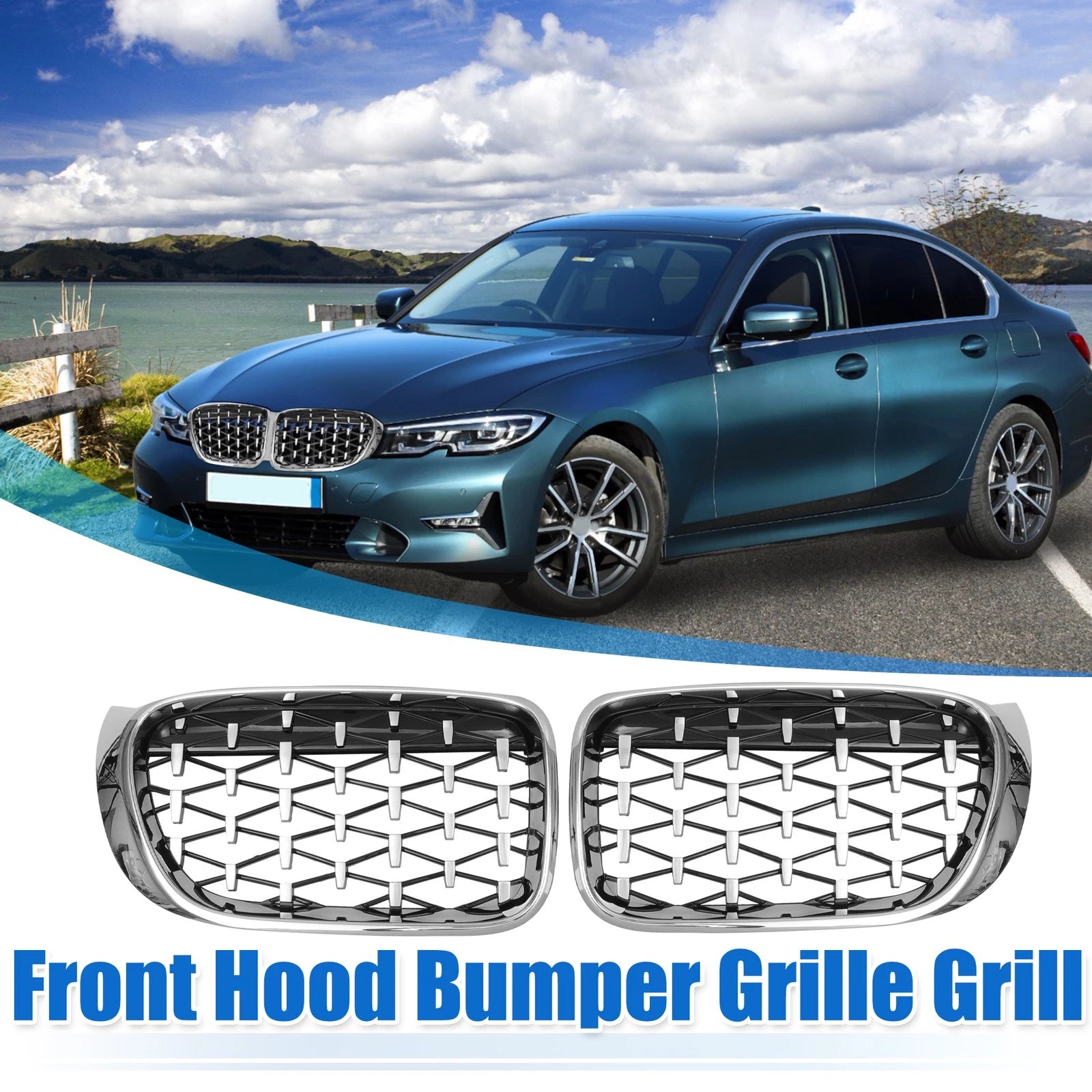 1 Pair Front Hood Bumper Grille for BMW X3 F25 (2014–2017) Silver Tone