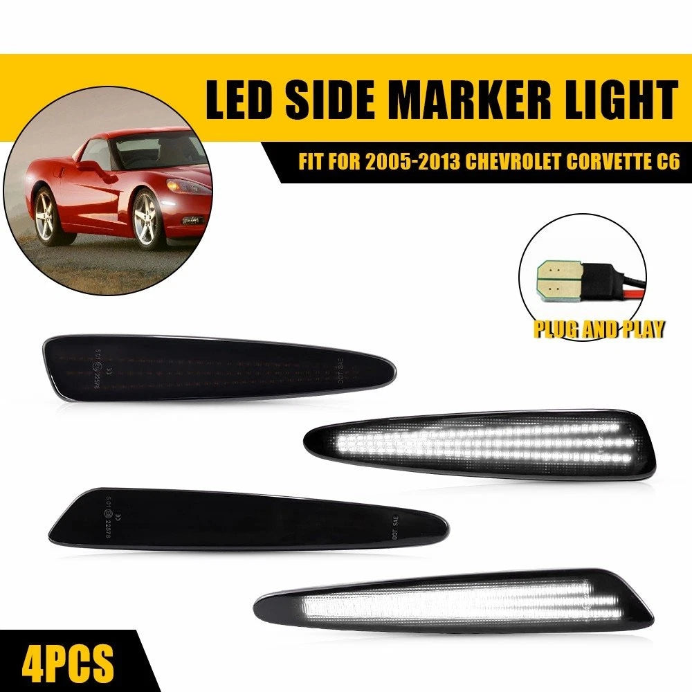 LED Side Marker Light Kit for Chevy Corvette C6 (2005–2013) Front Rear White Smoked
