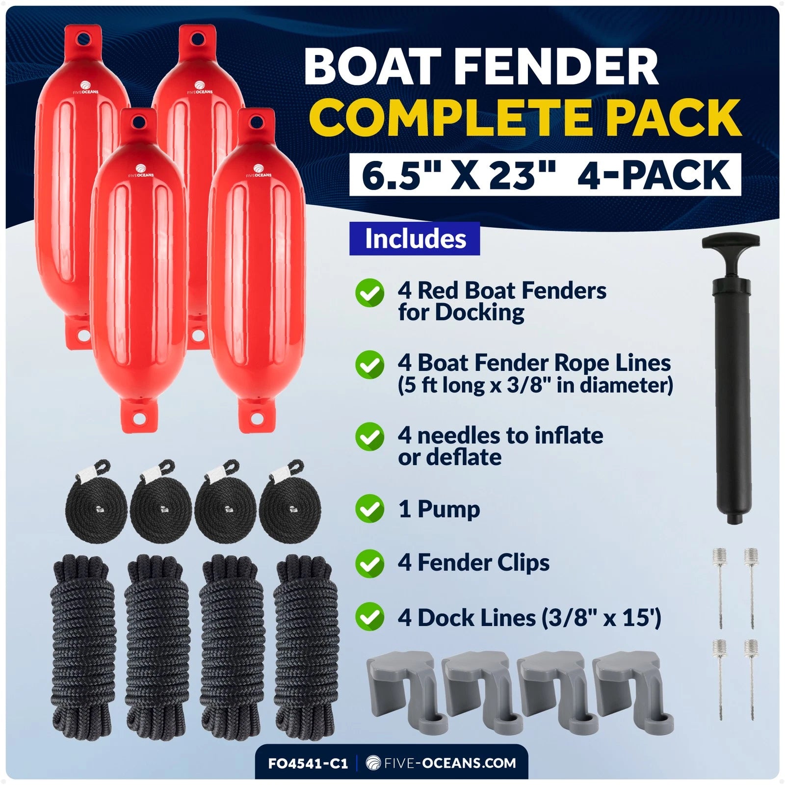 Set of 4 Boat Fenders for (6.5"x23", Red)