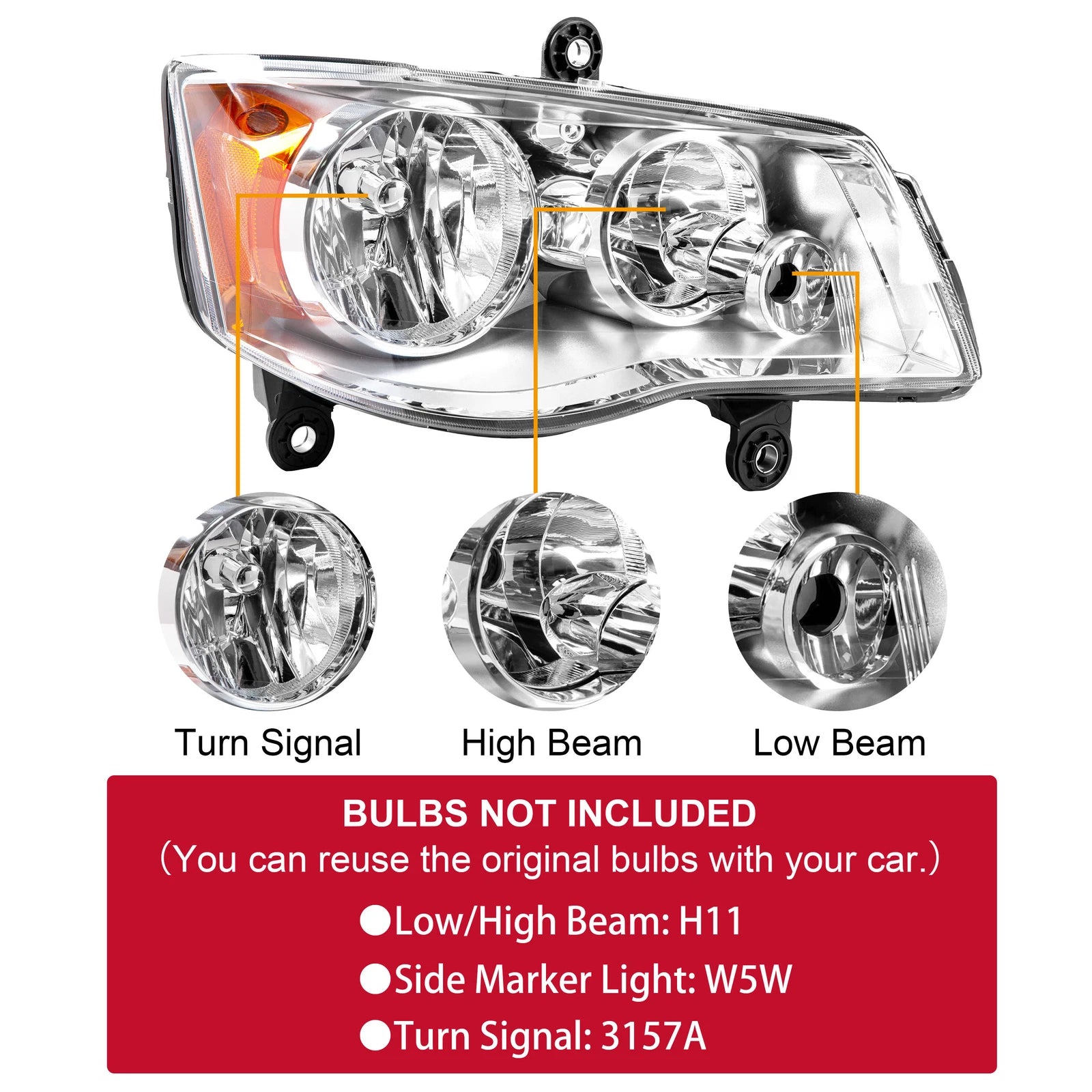 Right Side Headlight for Chrysler Town & Country, Dodge Grand Caravan (2008-2020)