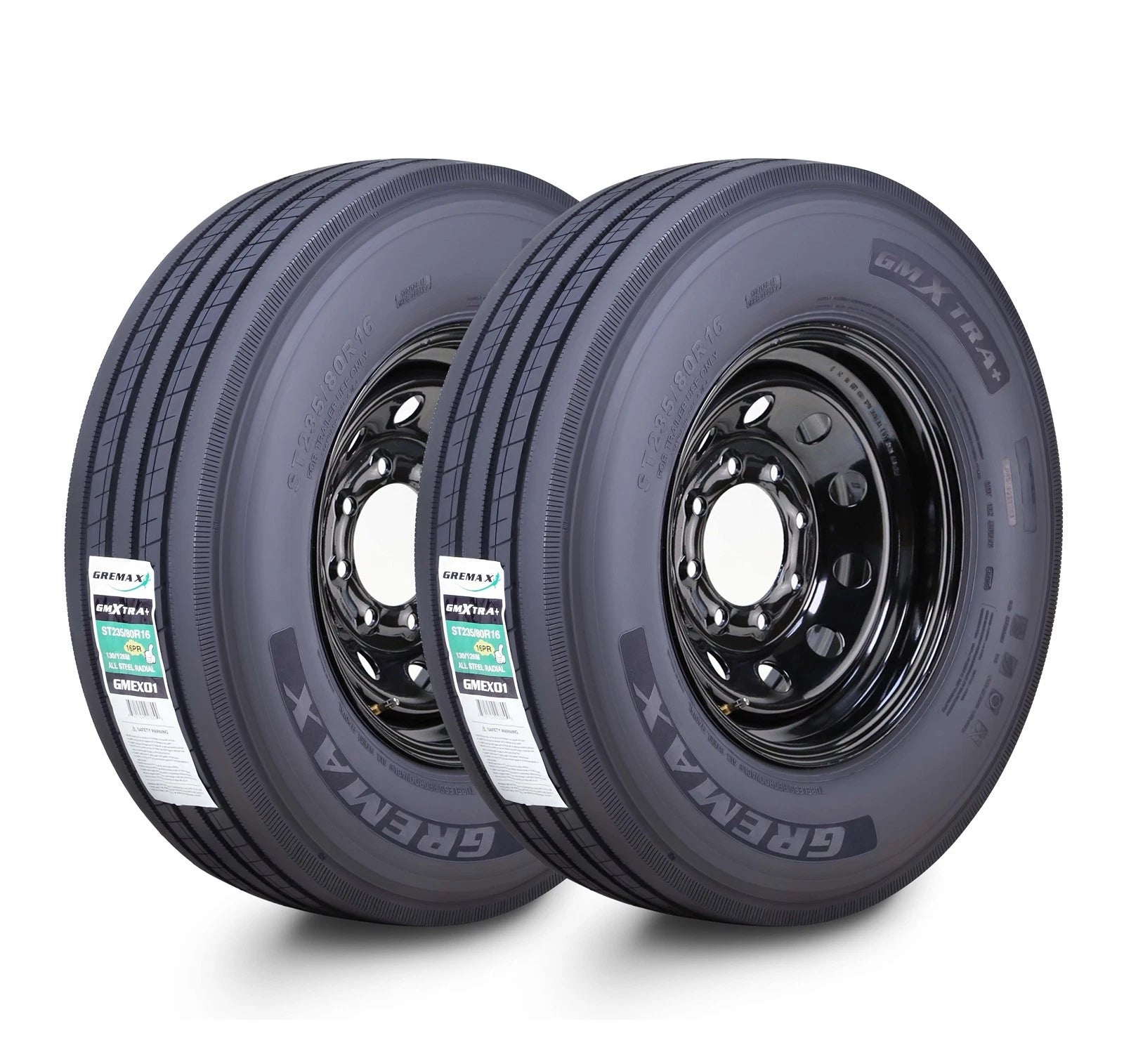 2 GREMAX ST235/80R16 Trailer Tires 16-Ply H 130M 8x6.5" Black Mod for Trailer