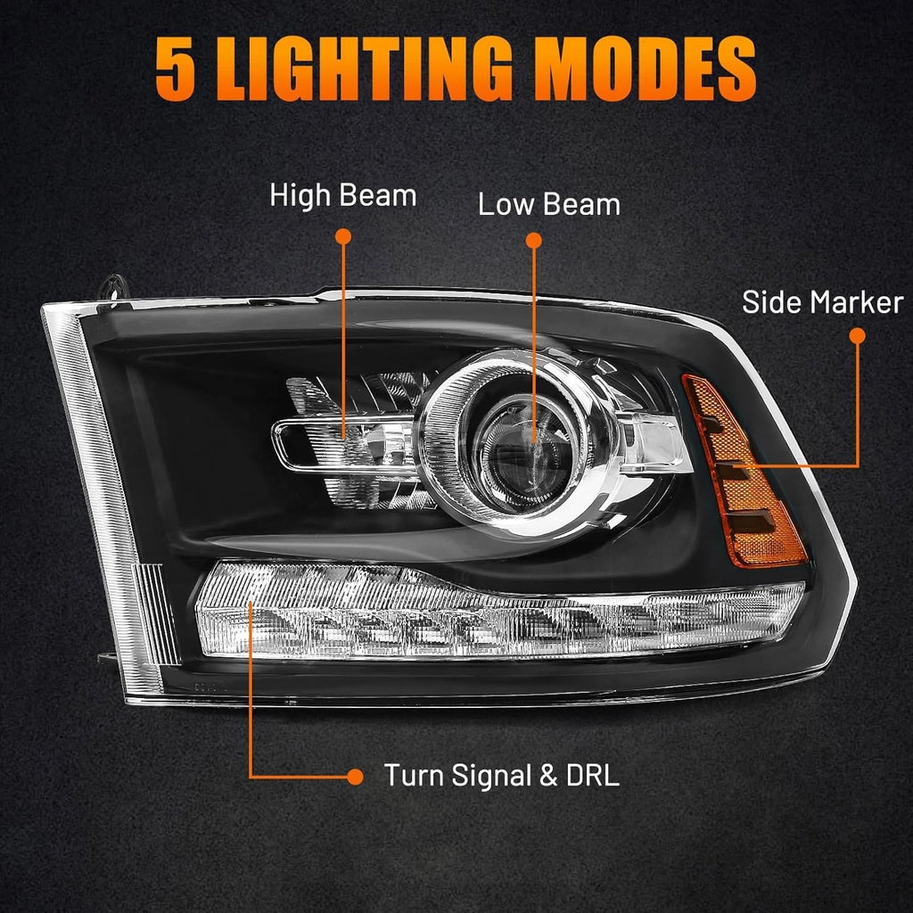 Black Projector Headlights with LED DRL for Dodge Ram 1500 2500 3500 (2009–2018)