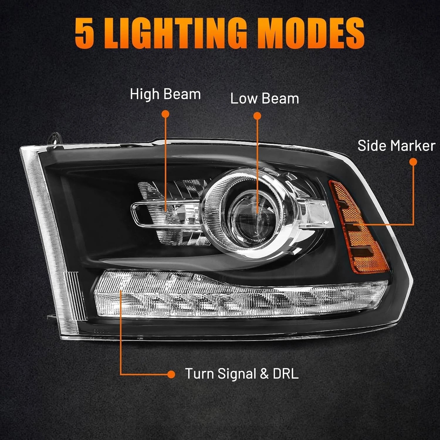 Black Projector Headlights with LED DRL for Dodge Ram 1500 2500 3500 (2009–2018)